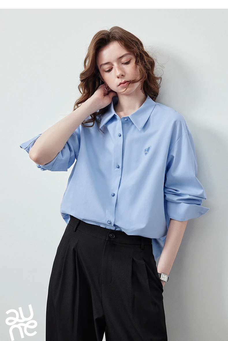 TOYOUTH Women's Color Block Heart Embroidery Blouse 2026 Summer New Pure Cotton Loose Button Down Morandi Color Daily Wear Top