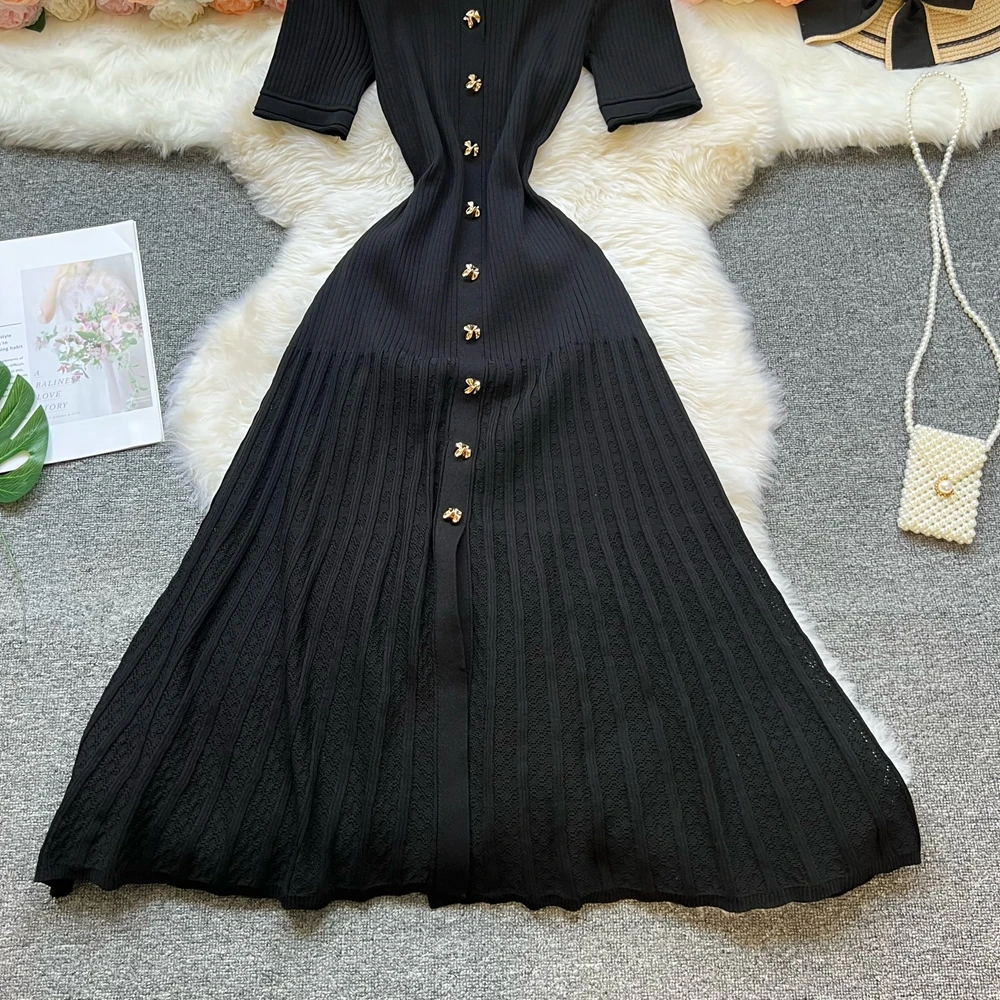 YuooMuoo Brand Fashion Vintage Turn-down Collar Knit Maxi Dress Elegant Single-breasted A-line Long Shirt Dress Lady Vestidos