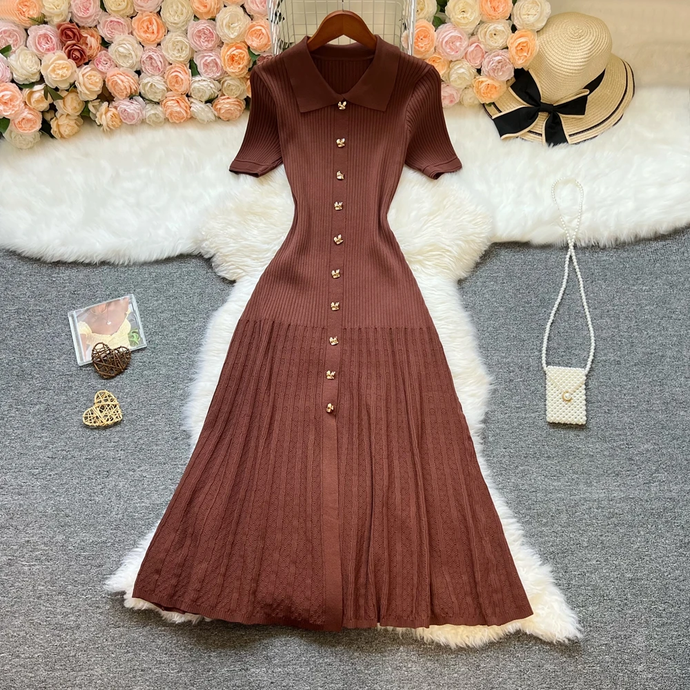 YuooMuoo Brand Fashion Vintage Turn-down Collar Knit Maxi Dress Elegant Single-breasted A-line Long Shirt Dress Lady Vestidos