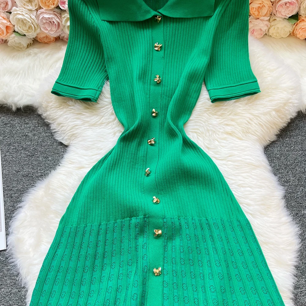 YuooMuoo Brand Fashion Vintage Turn-down Collar Knit Maxi Dress Elegant Single-breasted A-line Long Shirt Dress Lady Vestidos