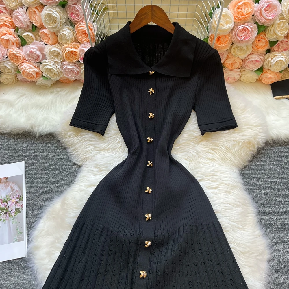YuooMuoo Brand Fashion Vintage Turn-down Collar Knit Maxi Dress Elegant Single-breasted A-line Long Shirt Dress Lady Vestidos