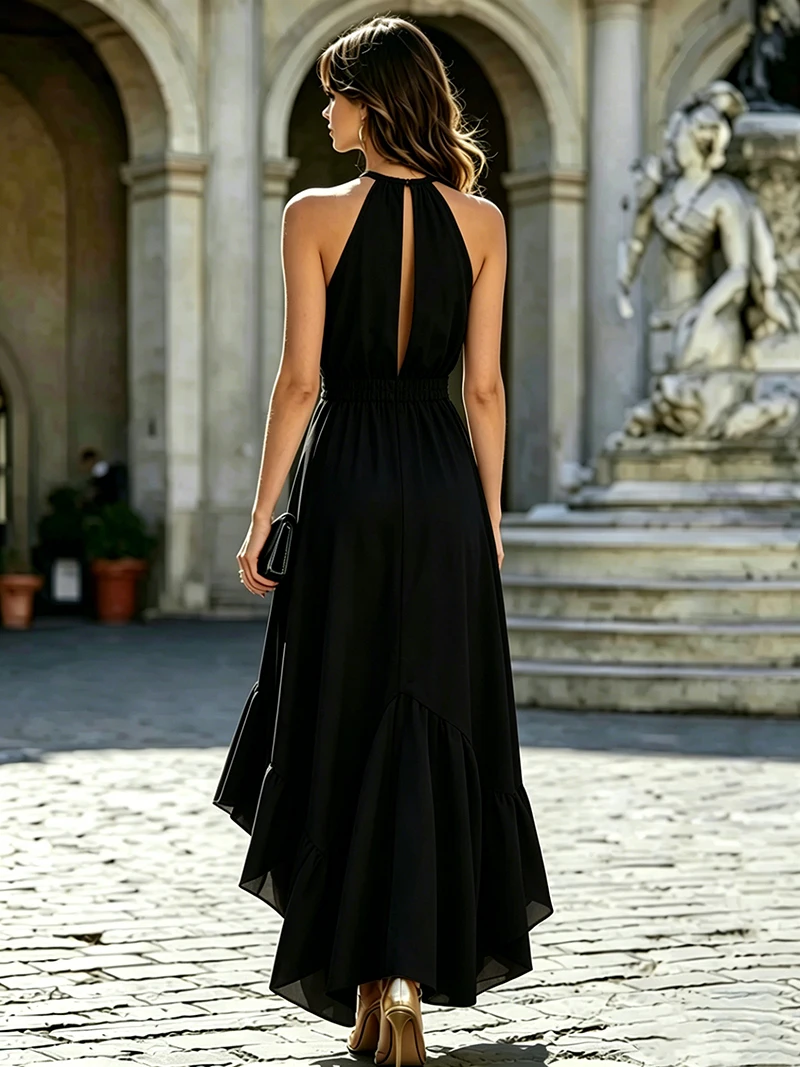 Elegant Summer Long Sleeveless Dress with Ruffle Neckline And Side Slit Polyester Material Midi Length Irregular Hemline