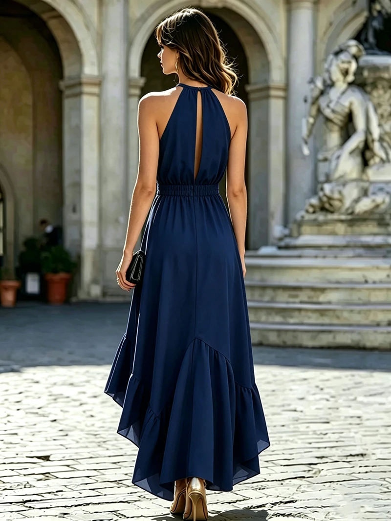 Elegant Summer Long Sleeveless Dress with Ruffle Neckline And Side Slit Polyester Material Midi Length Irregular Hemline