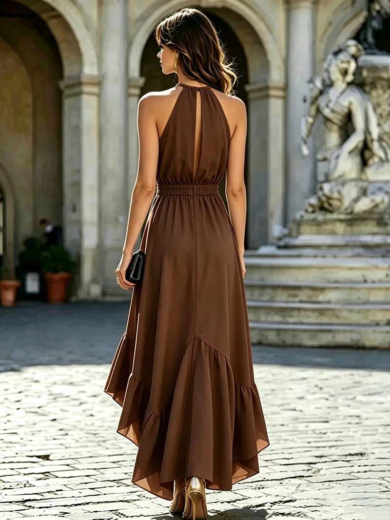 Elegant Summer Long Sleeveless Dress with Ruffle Neckline And Side Slit Polyester Material Midi Length Irregular Hemline