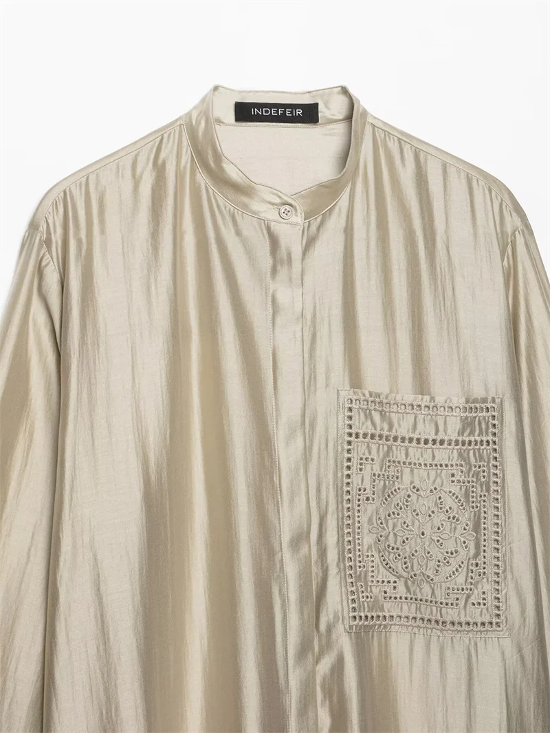 Guobioziy Women's Shirt 2026 Summer New Solid Color Long Sleeve Embroidered Pocket Loose Shirt Elegant Stylish Simple Fashion