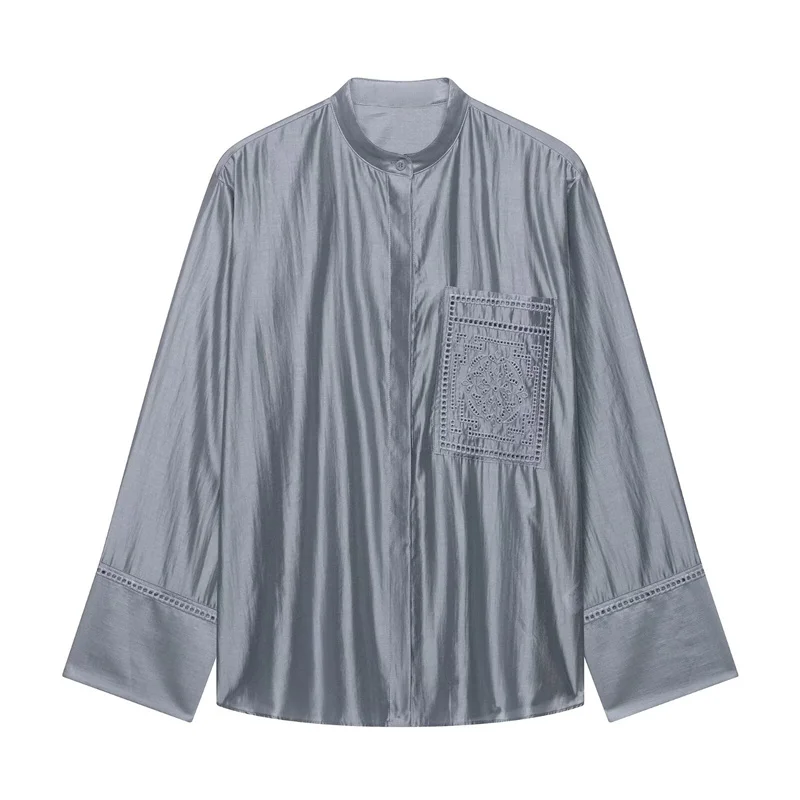 Guobioziy Women's Shirt 2026 Summer New Solid Color Long Sleeve Embroidered Pocket Loose Shirt Elegant Stylish Simple Fashion