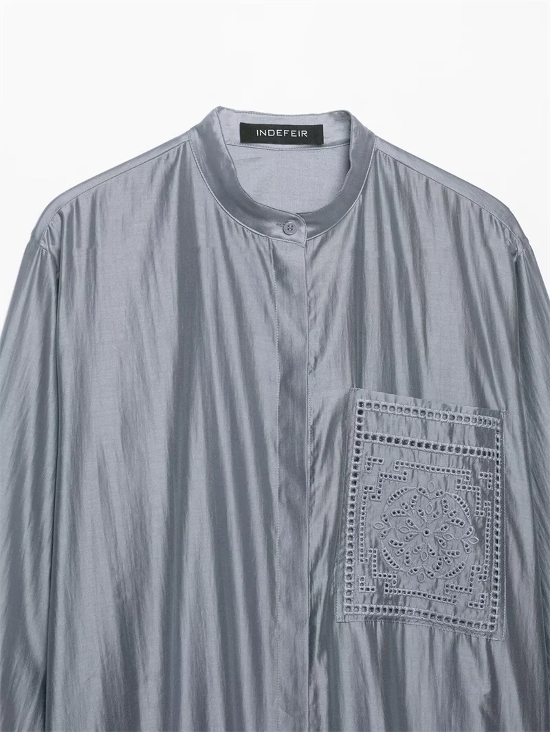 Guobioziy Women's Shirt 2026 Summer New Solid Color Long Sleeve Embroidered Pocket Loose Shirt Elegant Stylish Simple Fashion