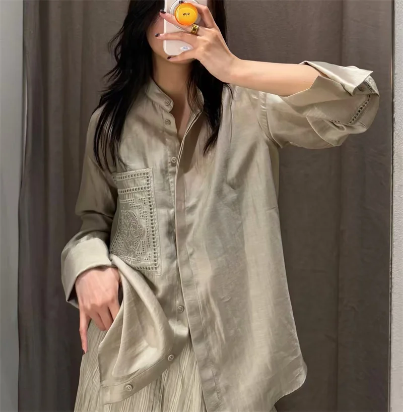 Guobioziy Women's Shirt 2026 Summer New Solid Color Long Sleeve Embroidered Pocket Loose Shirt Elegant Stylish Simple Fashion