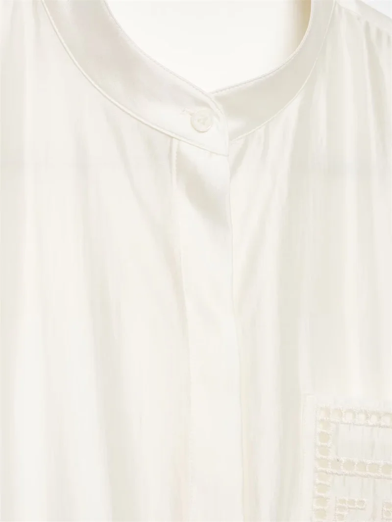 Guobioziy Women's Shirt 2026 Summer New Solid Color Long Sleeve Embroidered Pocket Loose Shirt Elegant Stylish Simple Fashion