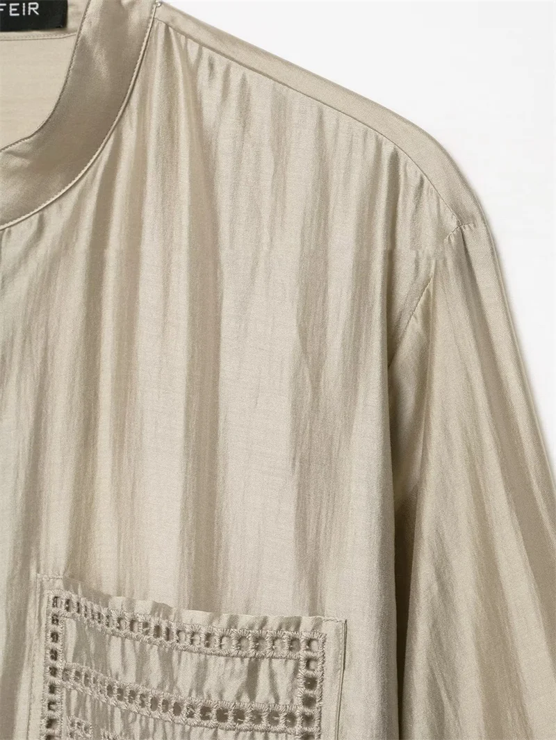 Guobioziy Women's Shirt 2026 Summer New Solid Color Long Sleeve Embroidered Pocket Loose Shirt Elegant Stylish Simple Fashion