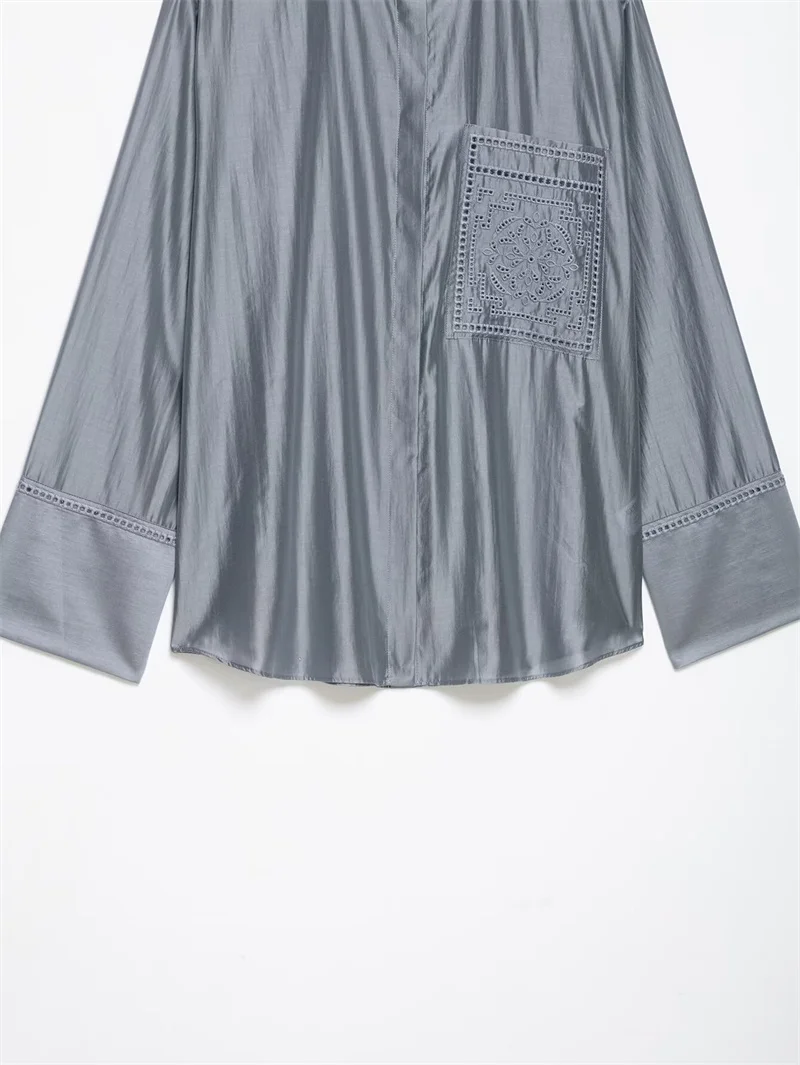 Guobioziy Women's Shirt 2026 Summer New Solid Color Long Sleeve Embroidered Pocket Loose Shirt Elegant Stylish Simple Fashion