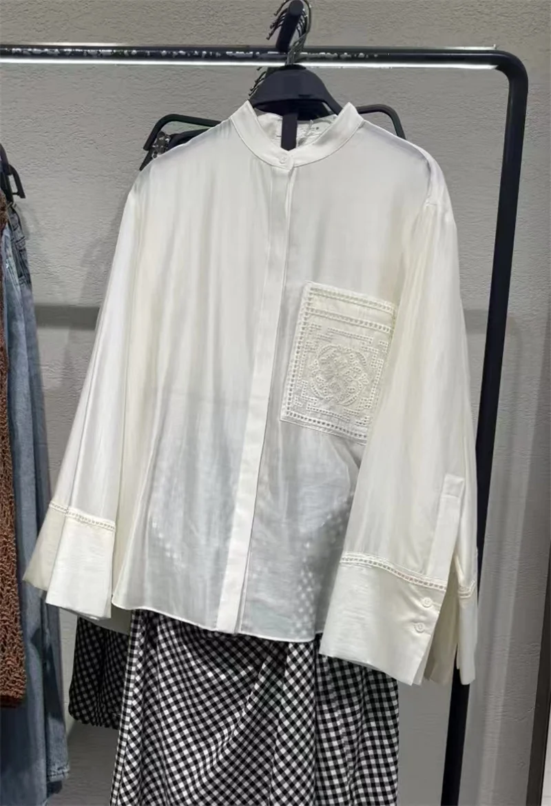 Guobioziy Women's Shirt 2026 Summer New Solid Color Long Sleeve Embroidered Pocket Loose Shirt Elegant Stylish Simple Fashion