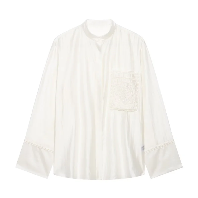 Guobioziy Women's Shirt 2026 Summer New Solid Color Long Sleeve Embroidered Pocket Loose Shirt Elegant Stylish Simple Fashion