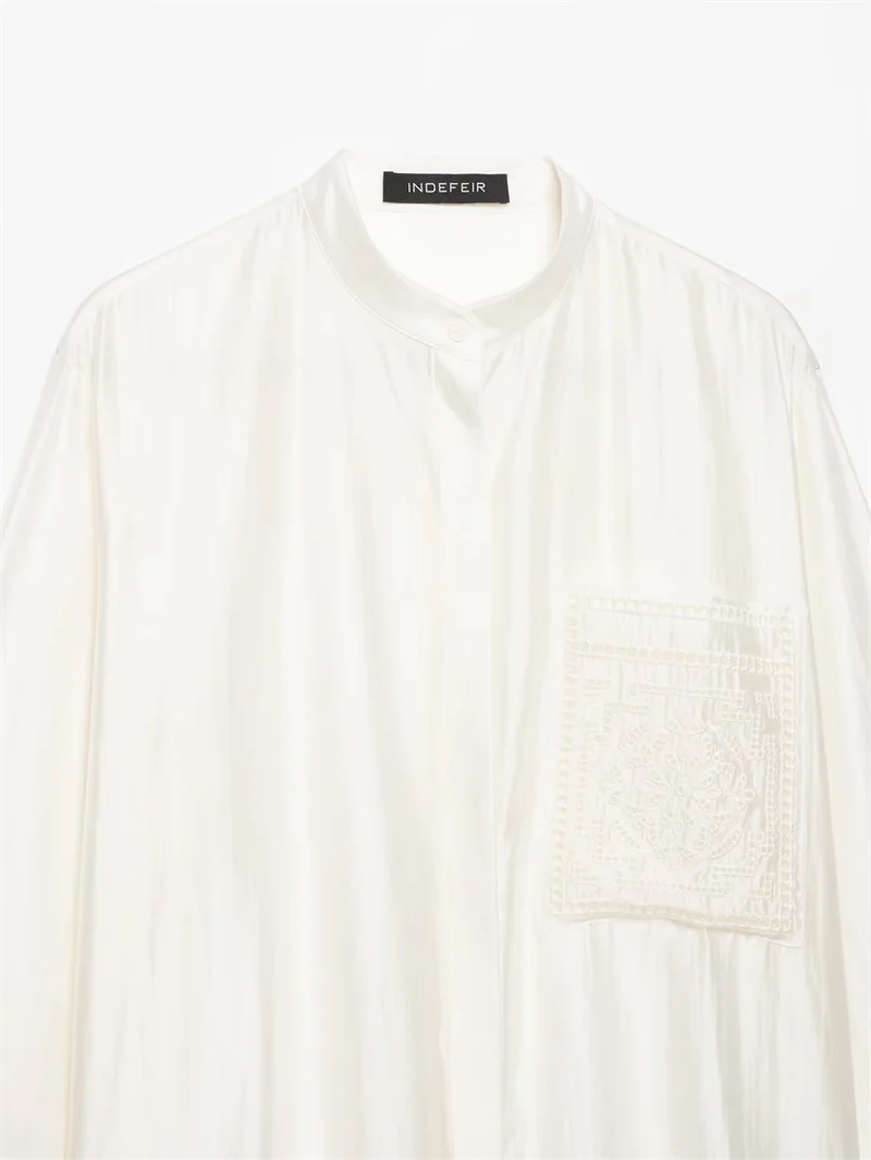 Guobioziy Women's Shirt 2026 Summer New Solid Color Long Sleeve Embroidered Pocket Loose Shirt Elegant Stylish Simple Fashion