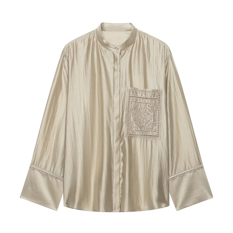Guobioziy Women's Shirt 2026 Summer New Solid Color Long Sleeve Embroidered Pocket Loose Shirt Elegant Stylish Simple Fashion