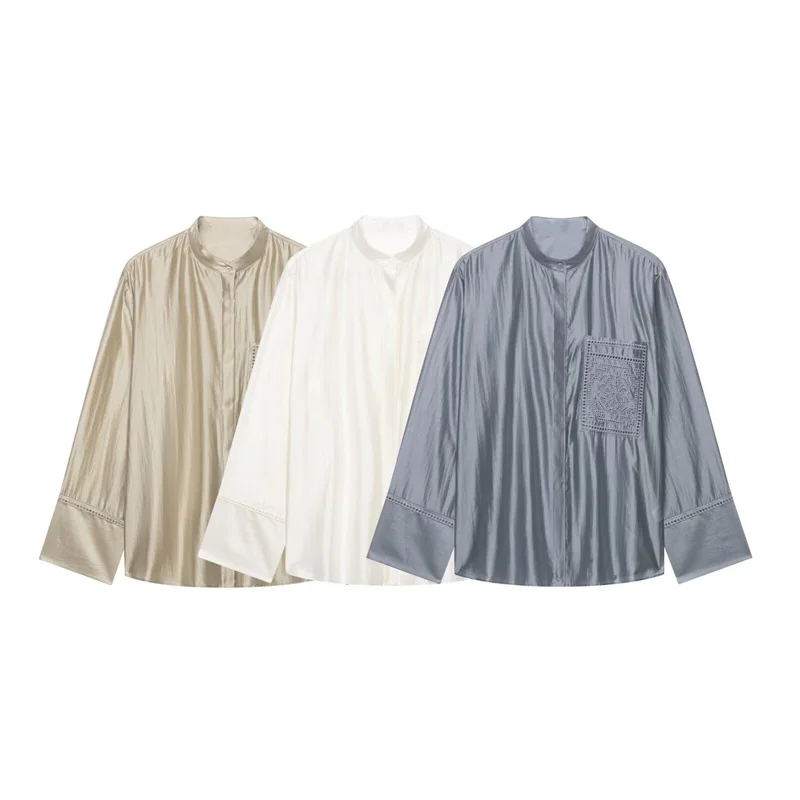 Guobioziy Women's Shirt 2026 Summer New Solid Color Long Sleeve Embroidered Pocket Loose Shirt Elegant Stylish Simple Fashion