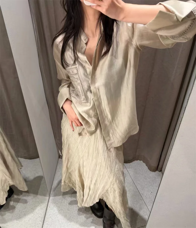 Guobioziy Women's Shirt 2026 Summer New Solid Color Long Sleeve Embroidered Pocket Loose Shirt Elegant Stylish Simple Fashion
