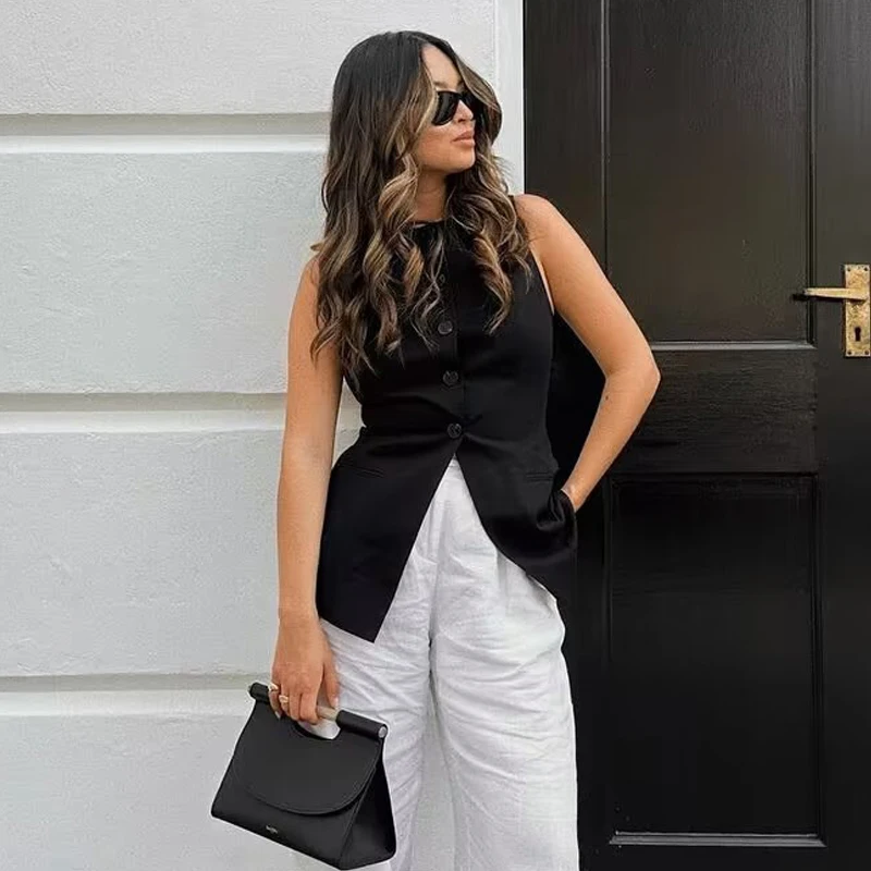 MUJER 2025 White Sleeveless Vest Women Button Summer Vests for Women Jacket Pink Vest Top Women Streetwear Women's Tailored Vest