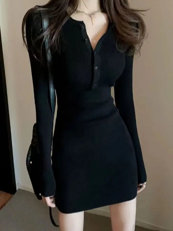 Autumn Winter Mini Dress Women V Neck Button Sexy Sweater Elegant Bodycon Dresses Long Sleeve Robe Short Skirt Waist Solid