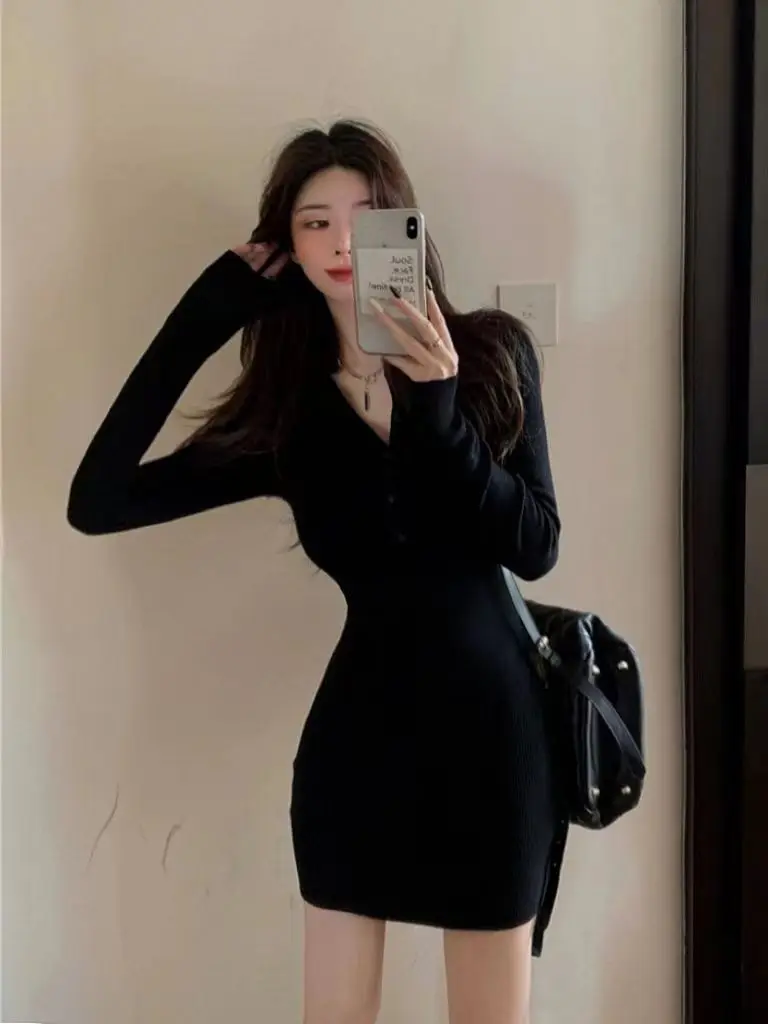 Autumn Winter Mini Dress Women V Neck Button Sexy Sweater Elegant Bodycon Dresses Long Sleeve Robe Short Skirt Waist Solid