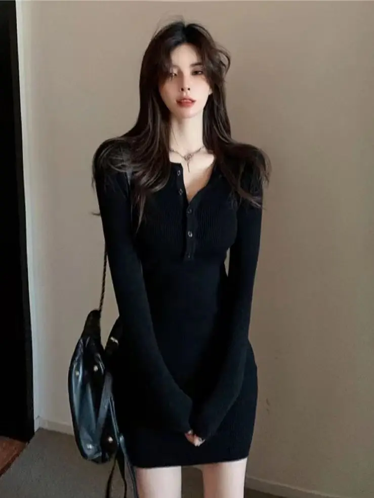 Autumn Winter Mini Dress Women V Neck Button Sexy Sweater Elegant Bodycon Dresses Long Sleeve Robe Short Skirt Waist Solid