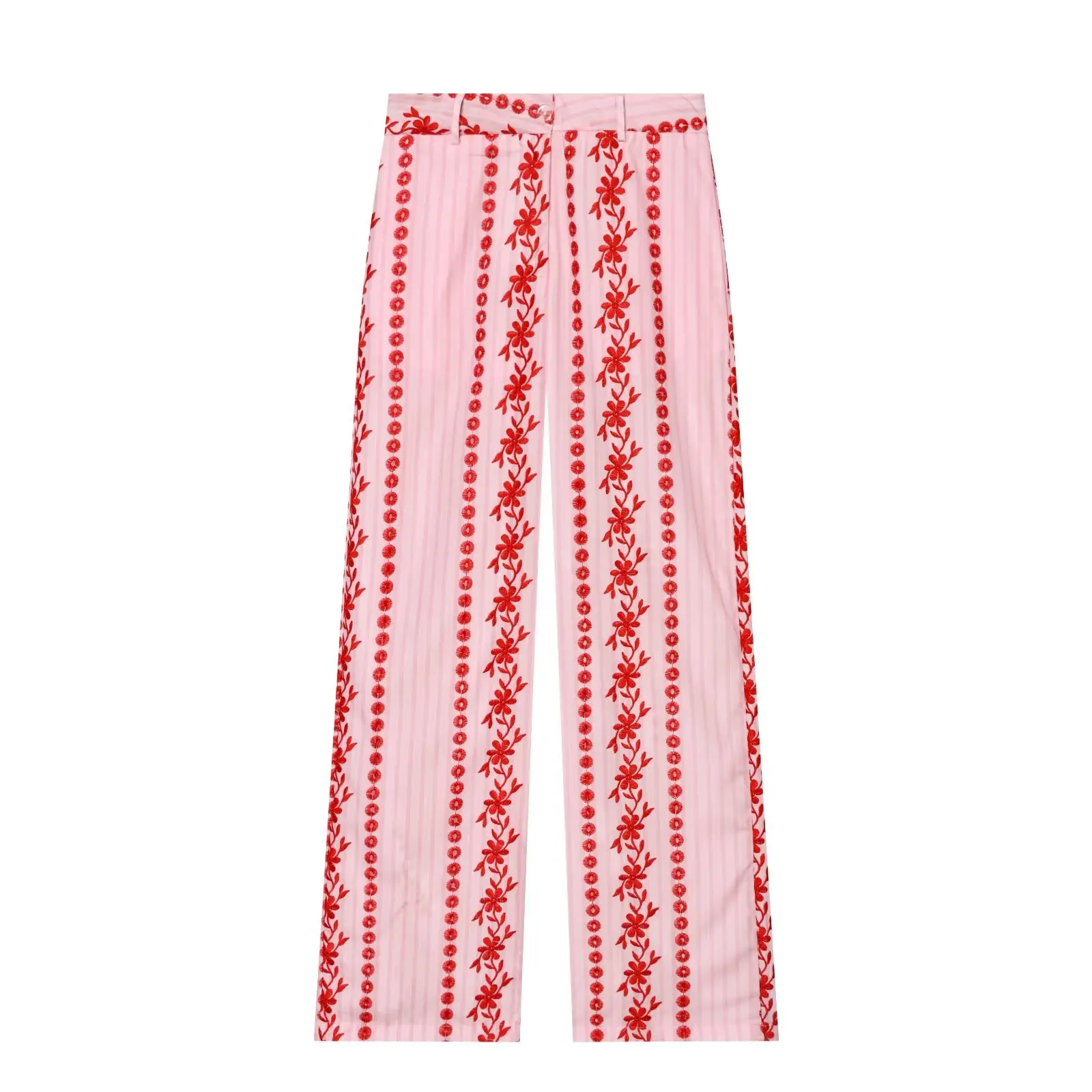KONDALA Boho Chic Pink Embroidery Women Pants Wide Leg Vintage Holiday Women Pants Fashion 2026 Summer Elegant Long Pants