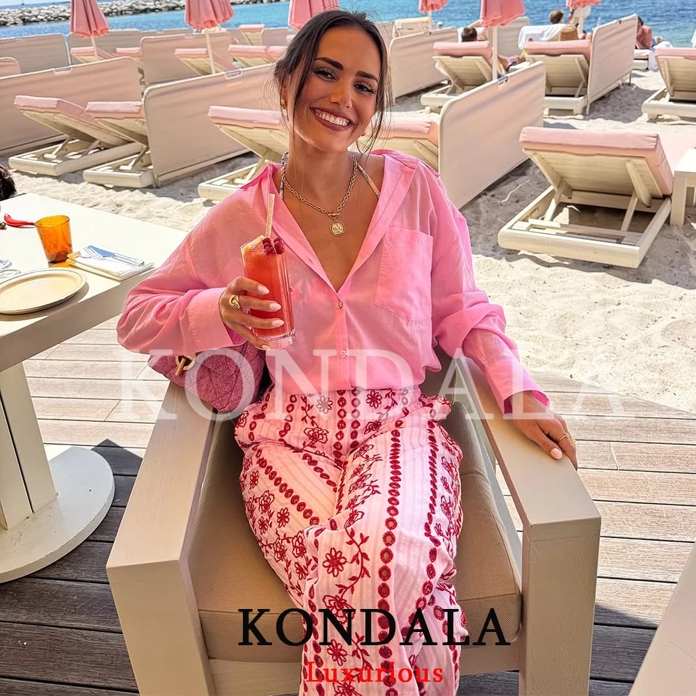 KONDALA Boho Chic Pink Embroidery Women Pants Wide Leg Vintage Holiday Women Pants Fashion 2026 Summer Elegant Long Pants