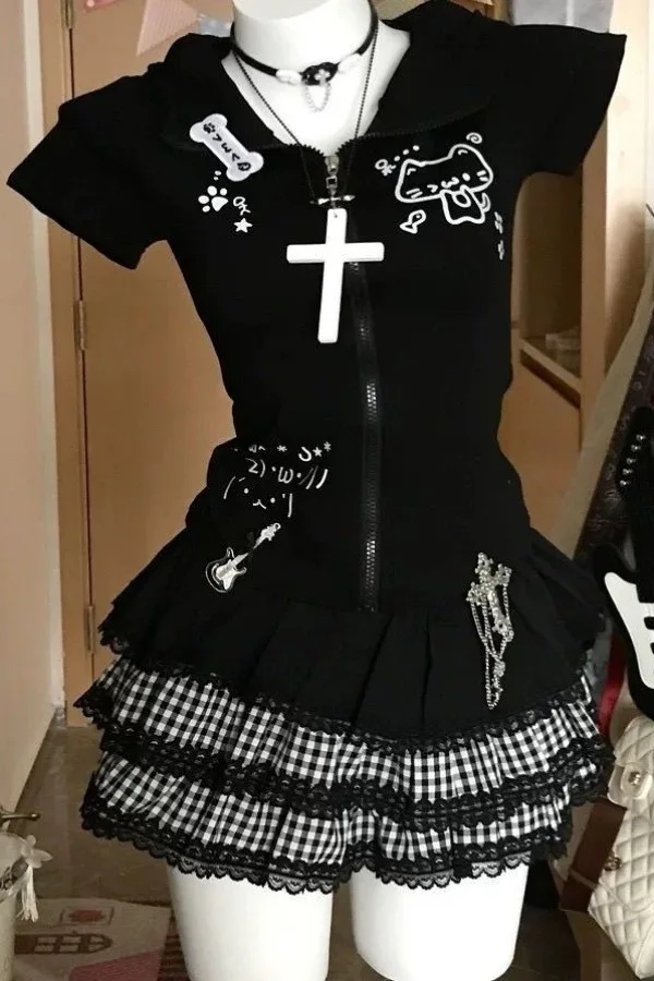 Harajuku Y2K Lace Sexy Cake Dark Punk Fluffy Versatile Skirt Subculture Splicing Plaid Skirt Girl (without accessories)