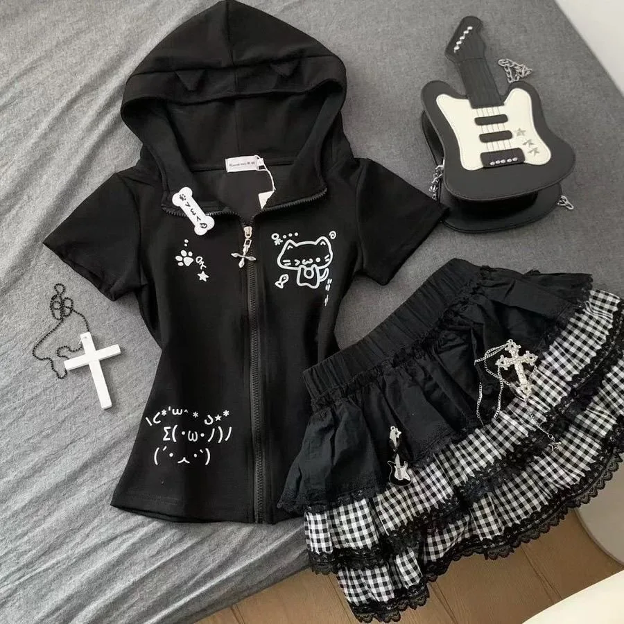 Harajuku Y2K Lace Sexy Cake Dark Punk Fluffy Versatile Skirt Subculture Splicing Plaid Skirt Girl (without accessories)