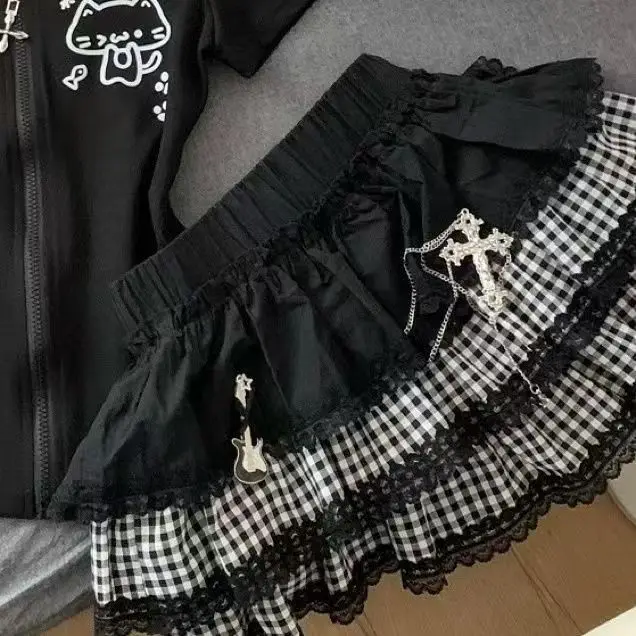 Harajuku Y2K Lace Sexy Cake Dark Punk Fluffy Versatile Skirt Subculture Splicing Plaid Skirt Girl (without accessories)