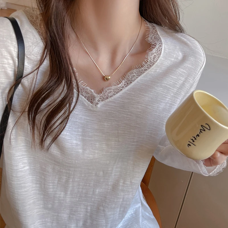 Sexy Lace Patchwork Long Sleeve Tshirt Women All Match Loose V Neck Pullover Woman Spring Autumn Basic Solid Color Tops Ladies