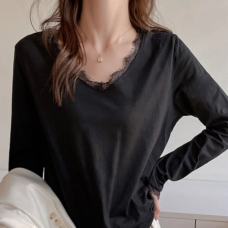 Sexy Lace Patchwork Long Sleeve Tshirt Women All Match Loose V Neck Pullover Woman Spring Autumn Basic Solid Color Tops Ladies