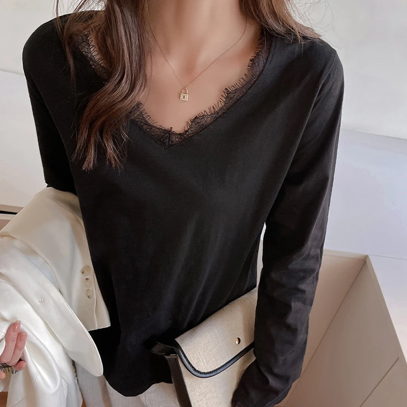 Sexy Lace Patchwork Long Sleeve Tshirt Women All Match Loose V Neck Pullover Woman Spring Autumn Basic Solid Color Tops Ladies