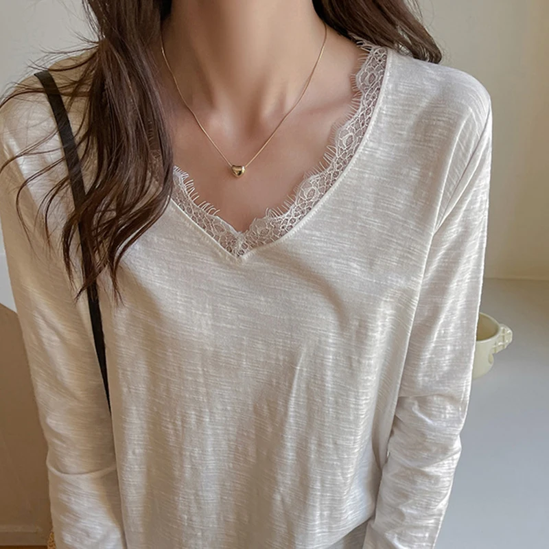 Sexy Lace Patchwork Long Sleeve Tshirt Women All Match Loose V Neck Pullover Woman Spring Autumn Basic Solid Color Tops Ladies