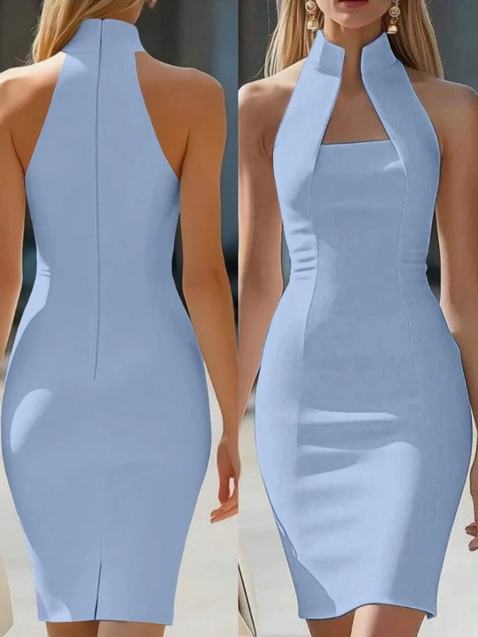 Sleeveless Halter Neck Bodycon Dress Square Neckline Fitted Midi Party Dress