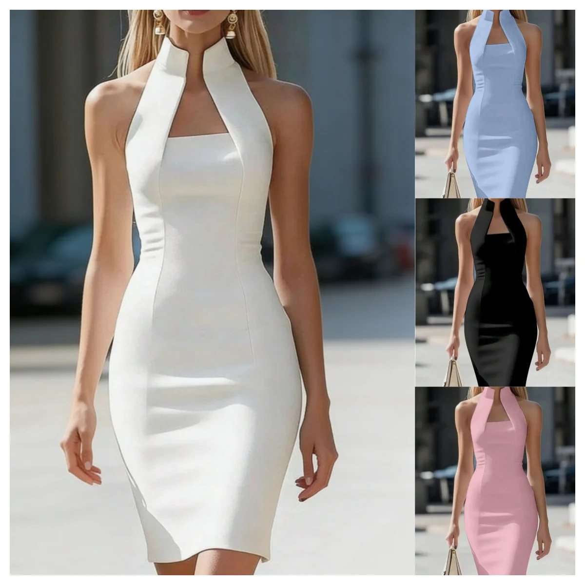 Sleeveless Halter Neck Bodycon Dress Square Neckline Fitted Midi Party Dress
