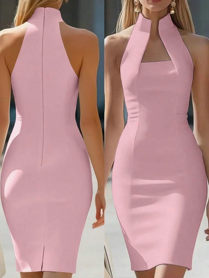Sleeveless Halter Neck Bodycon Dress Square Neckline Fitted Midi Party Dress