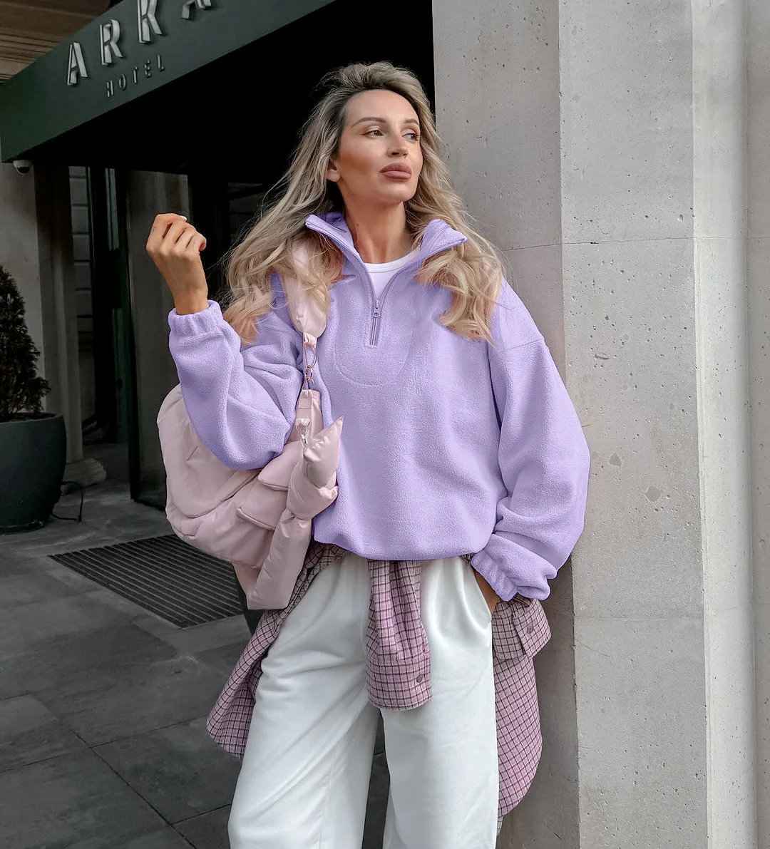 Women Autumn Winter Fleece Hoodies Elegant Stand Collar Zipper Loose Sweatshirt Elegant Solid Pullover Casual Top Streetwear