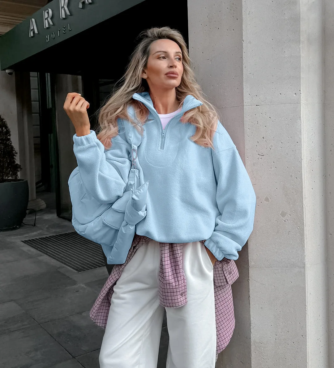 Women Autumn Winter Fleece Hoodies Elegant Stand Collar Zipper Loose Sweatshirt Elegant Solid Pullover Casual Top Streetwear