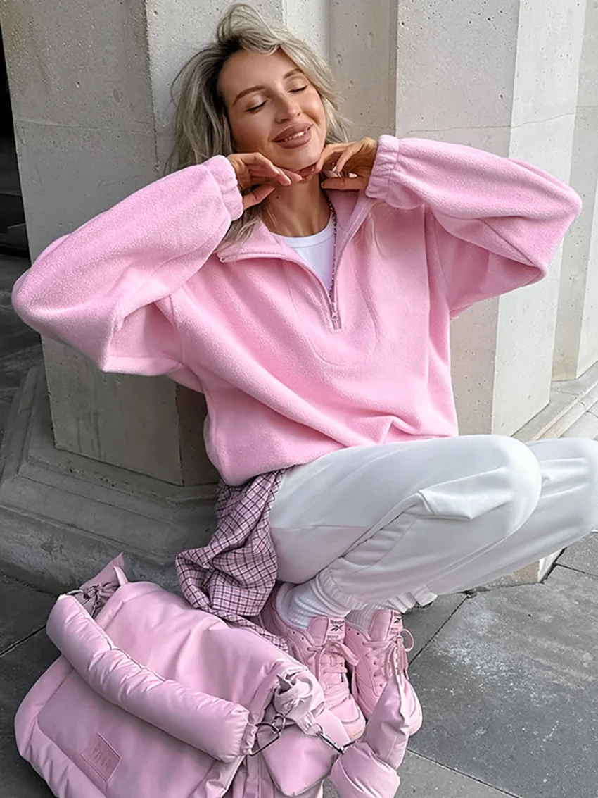 Women Autumn Winter Fleece Hoodies Elegant Stand Collar Zipper Loose Sweatshirt Elegant Solid Pullover Casual Top Streetwear