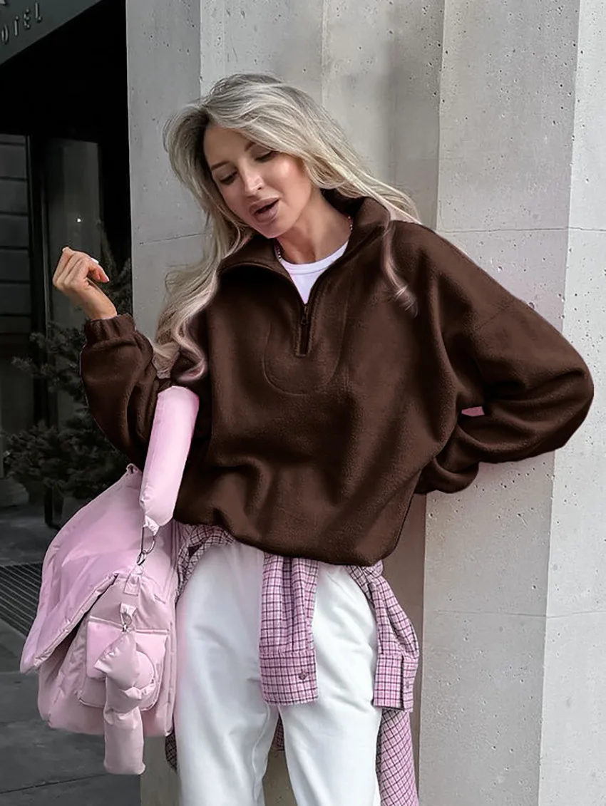 Women Autumn Winter Fleece Hoodies Elegant Stand Collar Zipper Loose Sweatshirt Elegant Solid Pullover Casual Top Streetwear