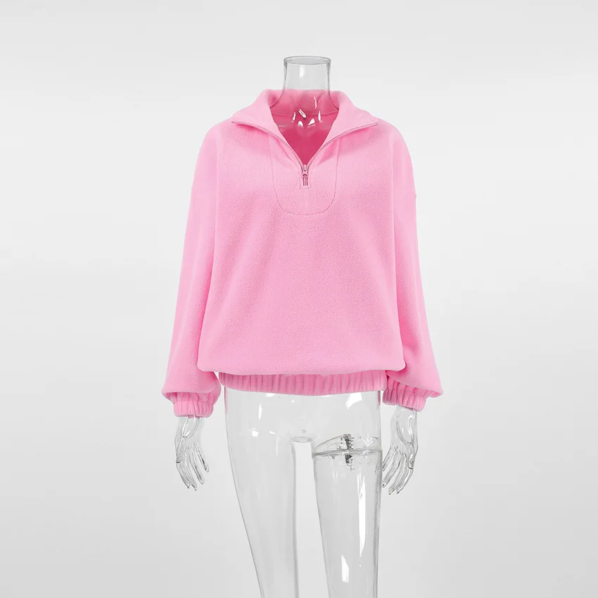 Women Autumn Winter Fleece Hoodies Elegant Stand Collar Zipper Loose Sweatshirt Elegant Solid Pullover Casual Top Streetwear