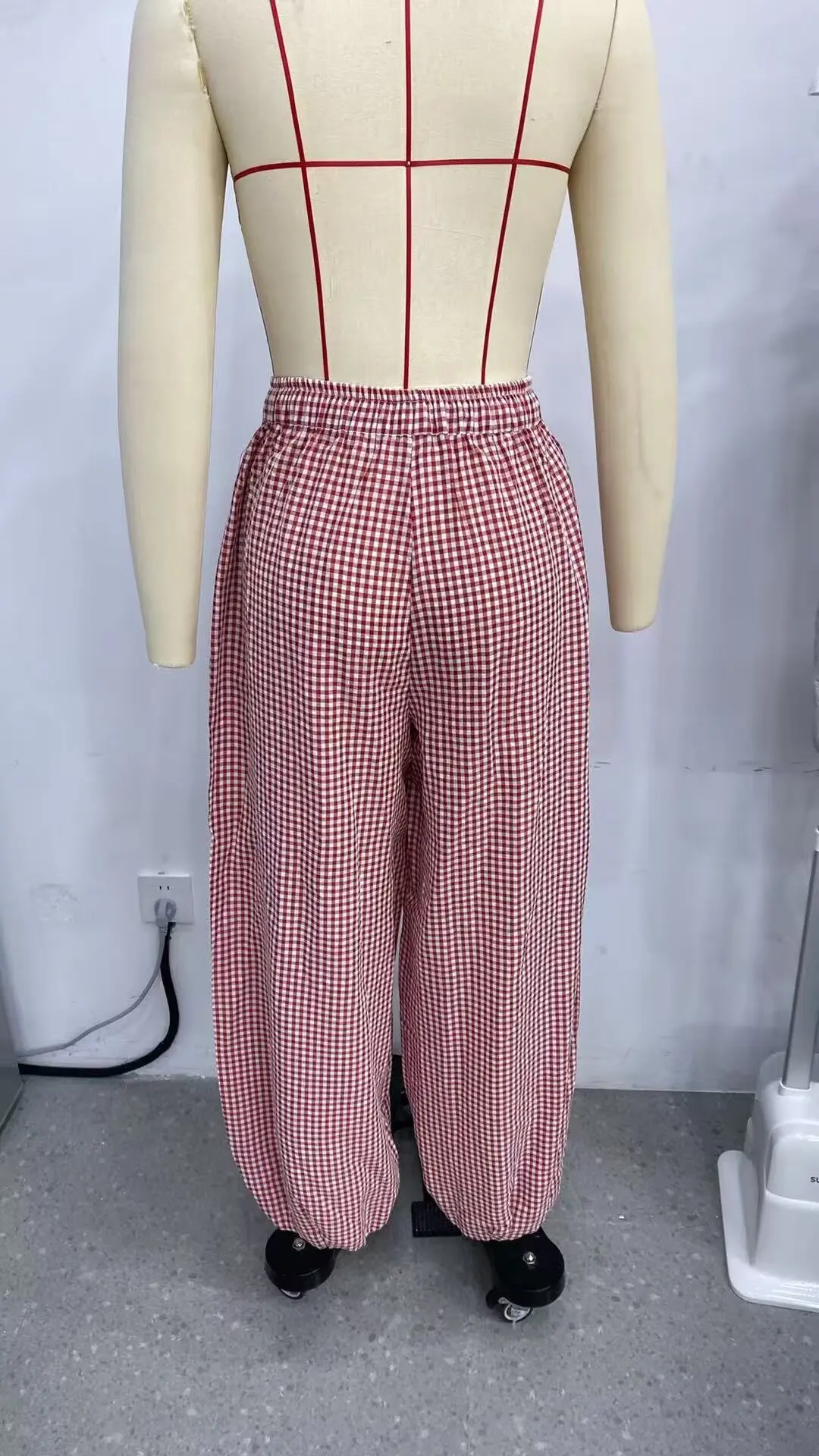 Women's Long Pants 2026 Summer New Style Red Plaid Drawstring Lantern Pants Long Pants Beach Vacation Casual Fashion