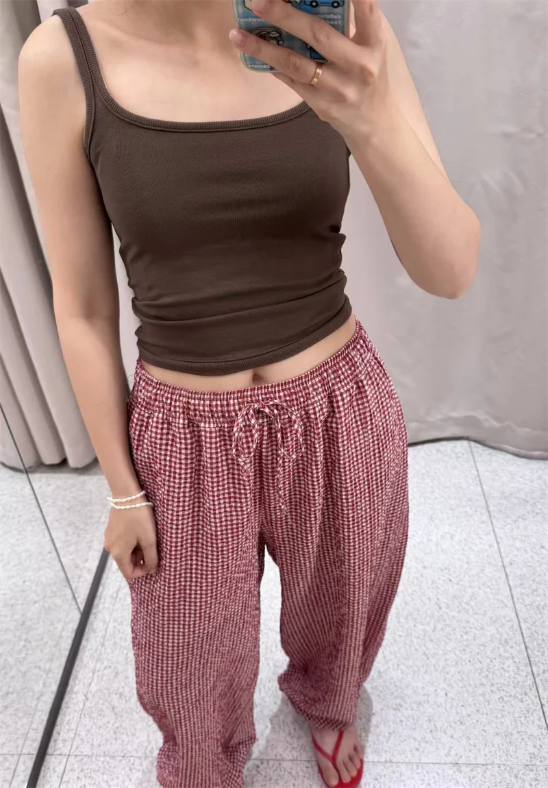 Women's Long Pants 2026 Summer New Style Red Plaid Drawstring Lantern Pants Long Pants Beach Vacation Casual Fashion