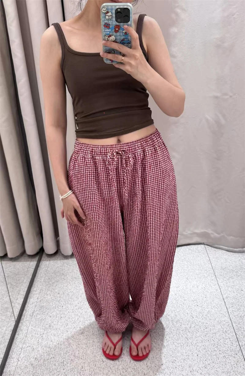 Women's Long Pants 2026 Summer New Style Red Plaid Drawstring Lantern Pants Long Pants Beach Vacation Casual Fashion