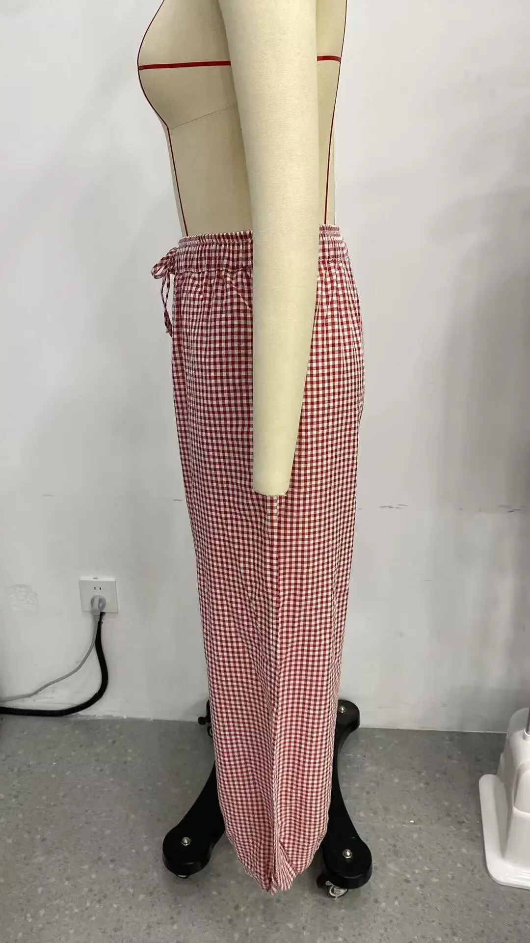 Women's Long Pants 2026 Summer New Style Red Plaid Drawstring Lantern Pants Long Pants Beach Vacation Casual Fashion