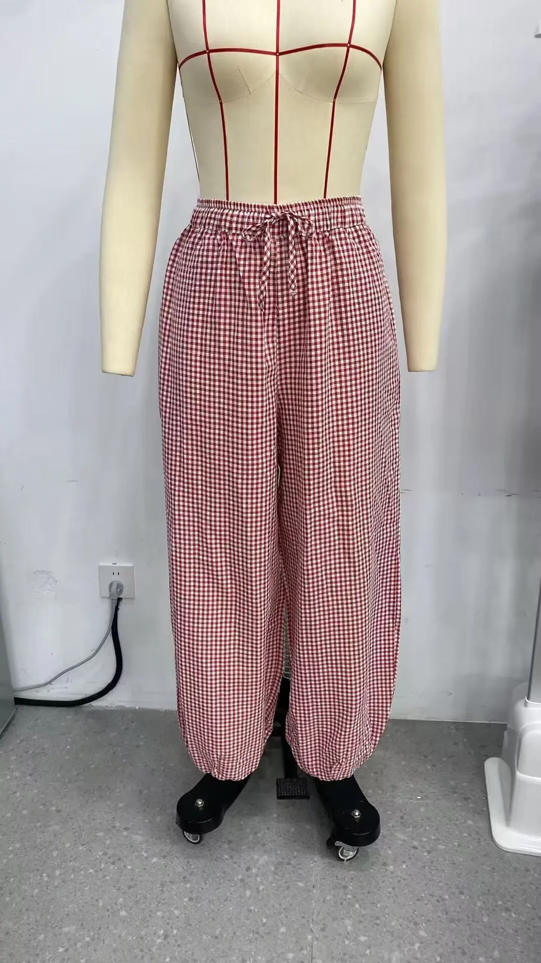 Women's Long Pants 2026 Summer New Style Red Plaid Drawstring Lantern Pants Long Pants Beach Vacation Casual Fashion