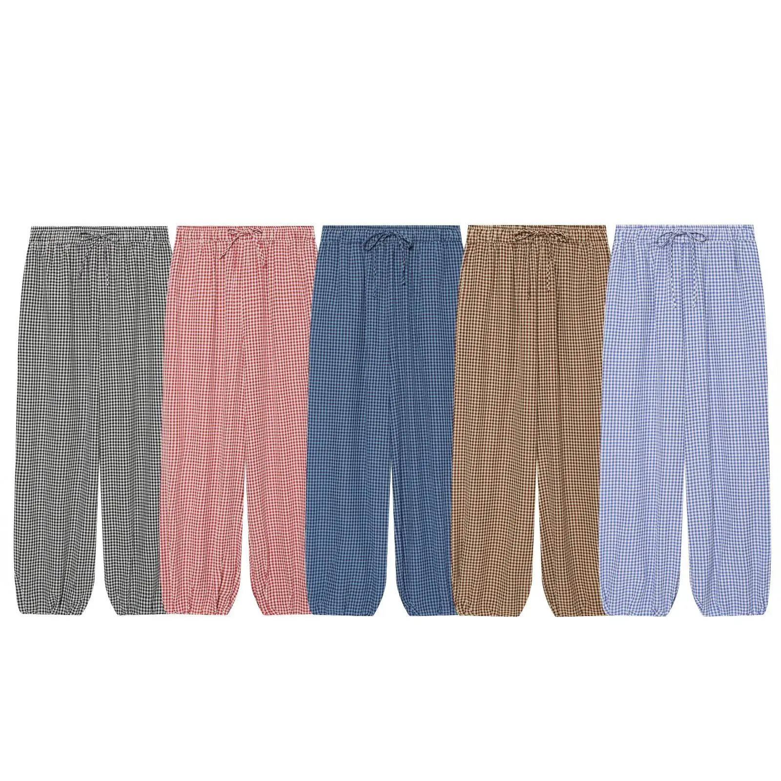 Women's Long Pants 2026 Summer New Style Red Plaid Drawstring Lantern Pants Long Pants Beach Vacation Casual Fashion