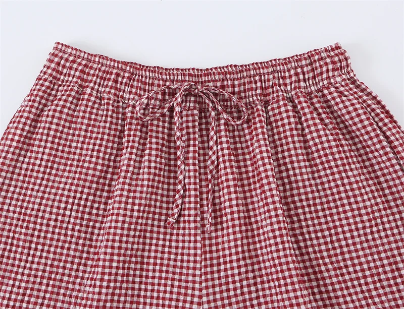 Women's Long Pants 2026 Summer New Style Red Plaid Drawstring Lantern Pants Long Pants Beach Vacation Casual Fashion