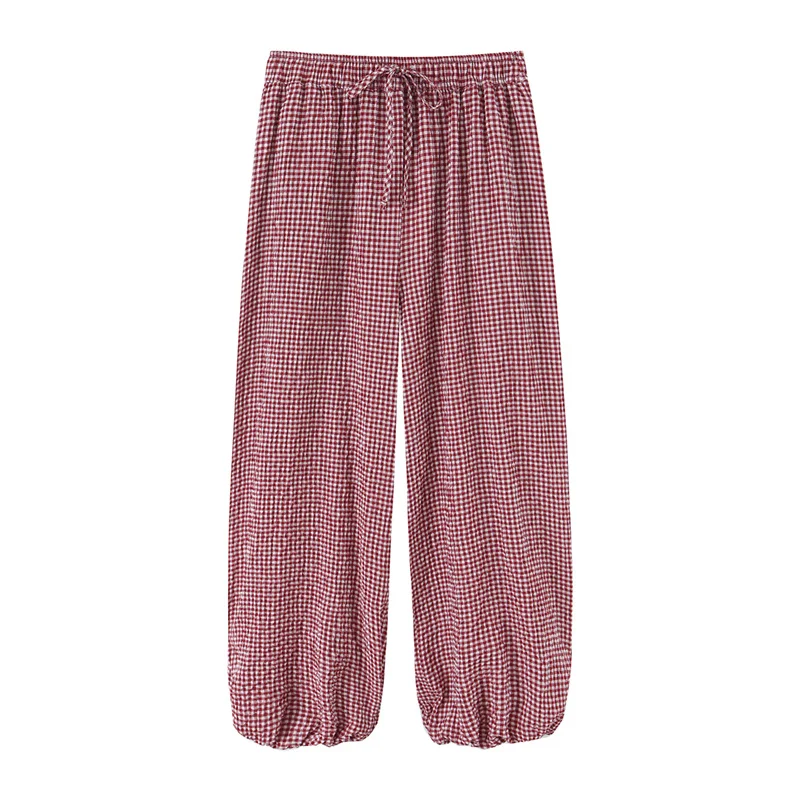 Women's Long Pants 2026 Summer New Style Red Plaid Drawstring Lantern Pants Long Pants Beach Vacation Casual Fashion